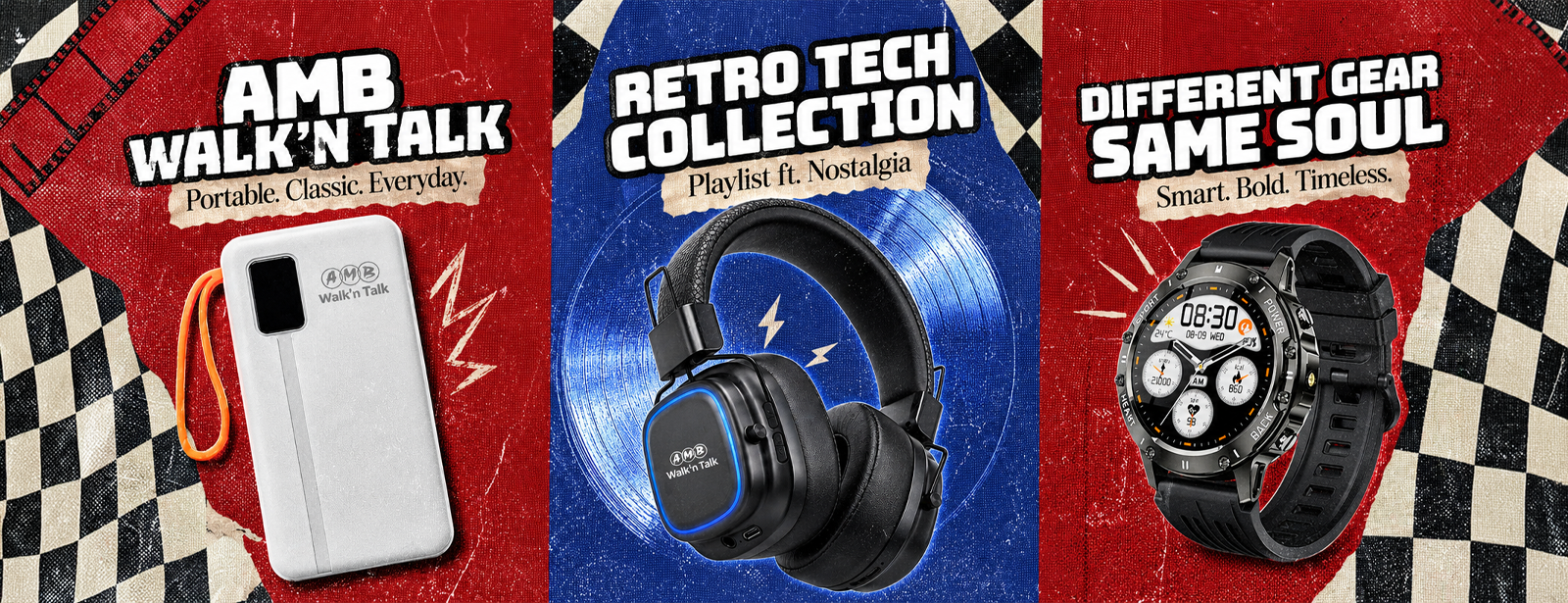AMB Walk'n Talk Retro Tech Collection — power bank, headphones, smartwatch