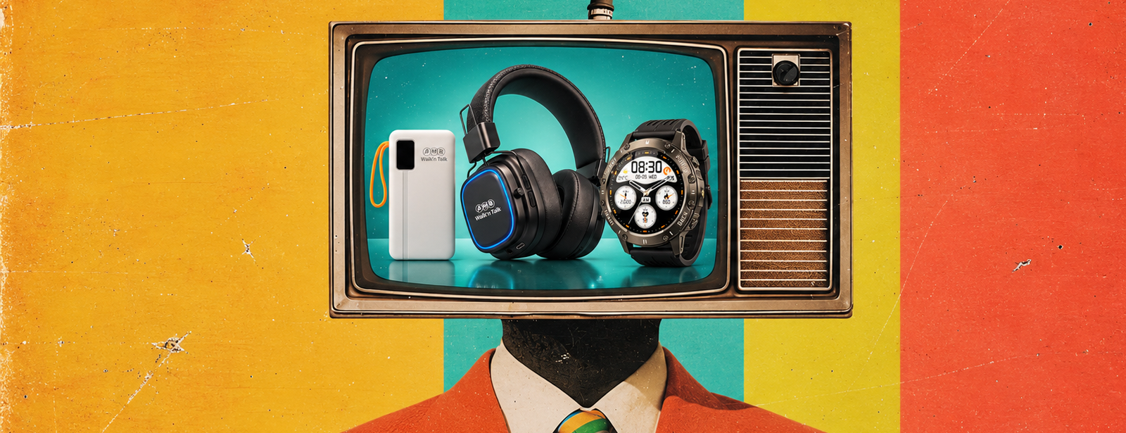 AMB Walk'n Talk products on a vintage television